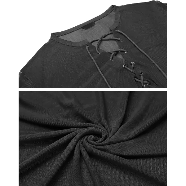 COOFANDY Mens Sexy Lace up See Through Long Sleeve T Shirt Mesh Undershirts