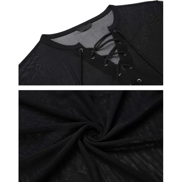 COOFANDY Mens Sexy Lace up See Through Long Sleeve T Shirt Mesh Undershirts