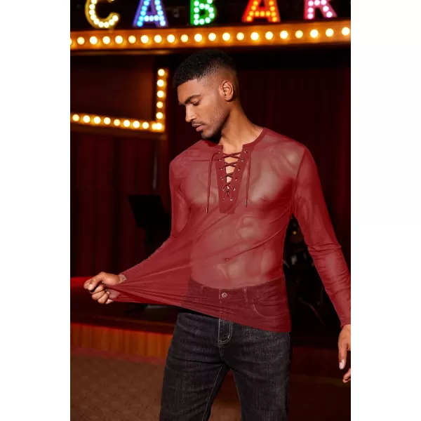 COOFANDY Mens Sexy Lace up See Through Long Sleeve T Shirt Mesh Undershirts