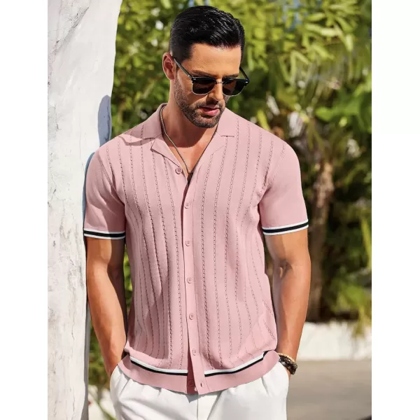 COOFANDY Men's Short Sleeve Knit Shirt Casual Button Down Shirt Vintage Striped Knitted Golf Beach Tops