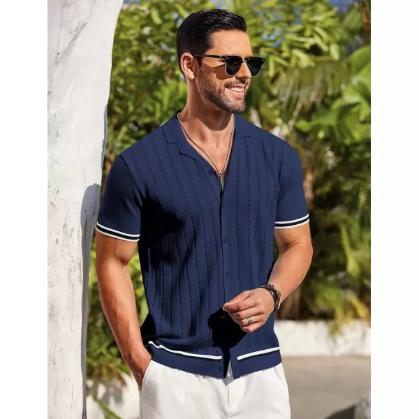 COOFANDY Men's Short Sleeve Knit Shirt Casual Button Down Shirt Vintage Striped Knitted Golf Beach Tops