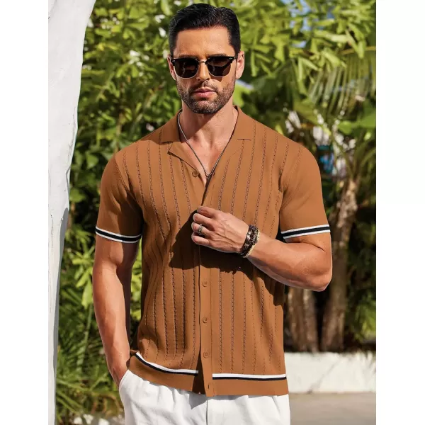 COOFANDY Men's Short Sleeve Knit Shirt Casual Button Down Shirt Vintage Striped Knitted Golf Beach Tops