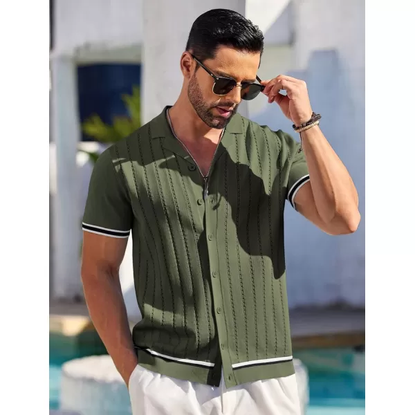 COOFANDY Men's Short Sleeve Knit Shirt Casual Button Down Shirt Vintage Striped Knitted Golf Beach Tops