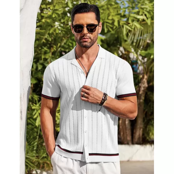 COOFANDY Men's Short Sleeve Knit Shirt Casual Button Down Shirt Vintage Striped Knitted Golf Beach Tops