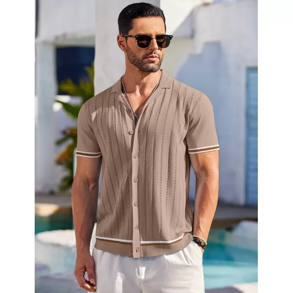 COOFANDY Men's Short Sleeve Knit Shirt Casual Button Down Shirt Vintage Striped Knitted Golf Beach Tops
