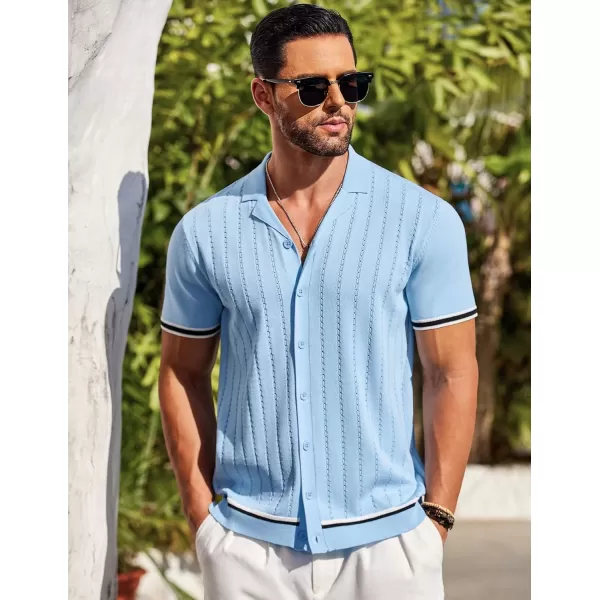COOFANDY Men's Short Sleeve Knit Shirt Casual Button Down Shirt Vintage Striped Knitted Golf Beach Tops