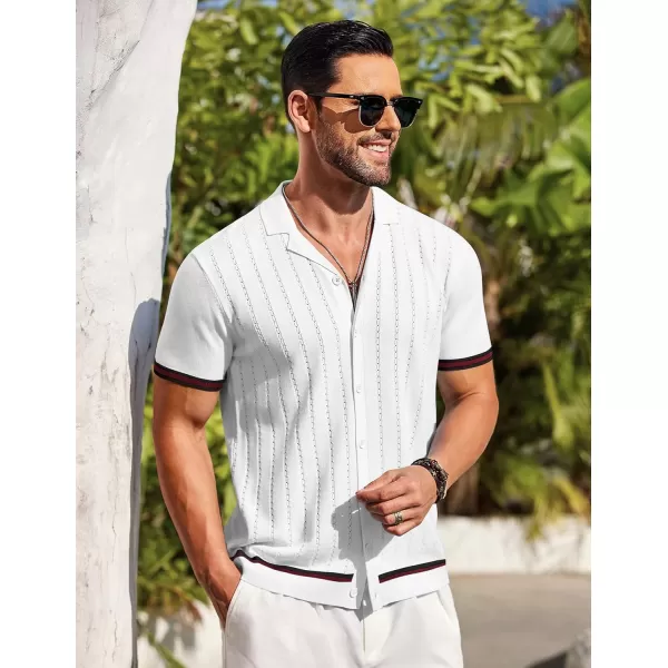 COOFANDY Men's Short Sleeve Knit Shirt Casual Button Down Shirt Vintage Striped Knitted Golf Beach Tops