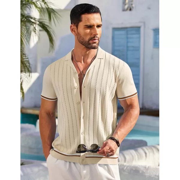 COOFANDY Men's Short Sleeve Knit Shirt Casual Button Down Shirt Vintage Striped Knitted Golf Beach Tops