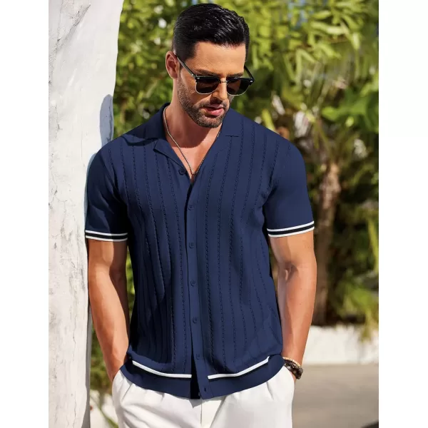 COOFANDY Men's Short Sleeve Knit Shirt Casual Button Down Shirt Vintage Striped Knitted Golf Beach Tops