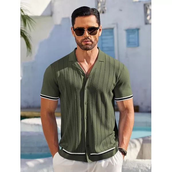 COOFANDY Men's Short Sleeve Knit Shirt Casual Button Down Shirt Vintage Striped Knitted Golf Beach Tops