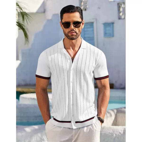 COOFANDY Men's Short Sleeve Knit Shirt Casual Button Down Shirt Vintage Striped Knitted Golf Beach Tops