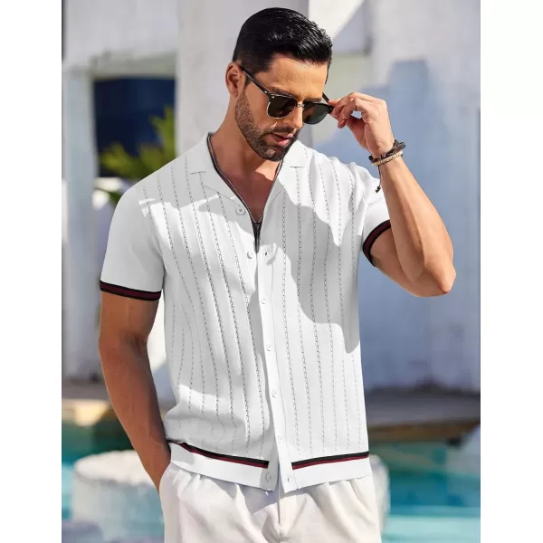 COOFANDY Men's Short Sleeve Knit Shirt Casual Button Down Shirt Vintage Striped Knitted Golf Beach Tops