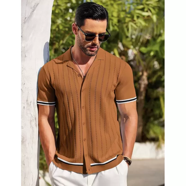 COOFANDY Men's Short Sleeve Knit Shirt Casual Button Down Shirt Vintage Striped Knitted Golf Beach Tops