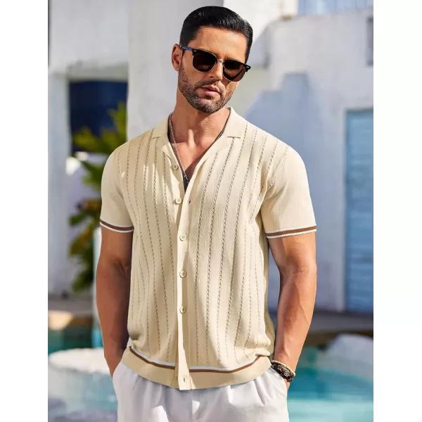 COOFANDY Men's Short Sleeve Knit Shirt Casual Button Down Shirt Vintage Striped Knitted Golf Beach Tops
