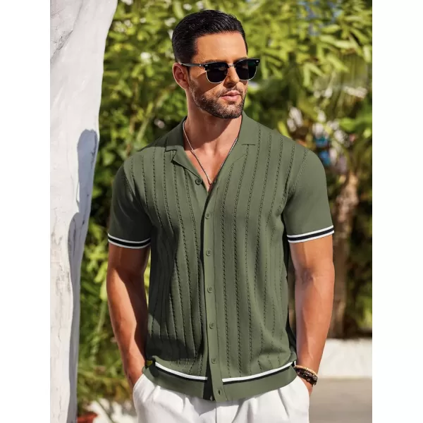 COOFANDY Men's Short Sleeve Knit Shirt Casual Button Down Shirt Vintage Striped Knitted Golf Beach Tops