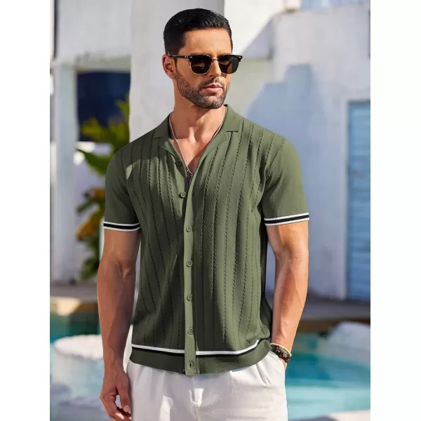 COOFANDY Men's Short Sleeve Knit Shirt Casual Button Down Shirt Vintage Striped Knitted Golf Beach Tops