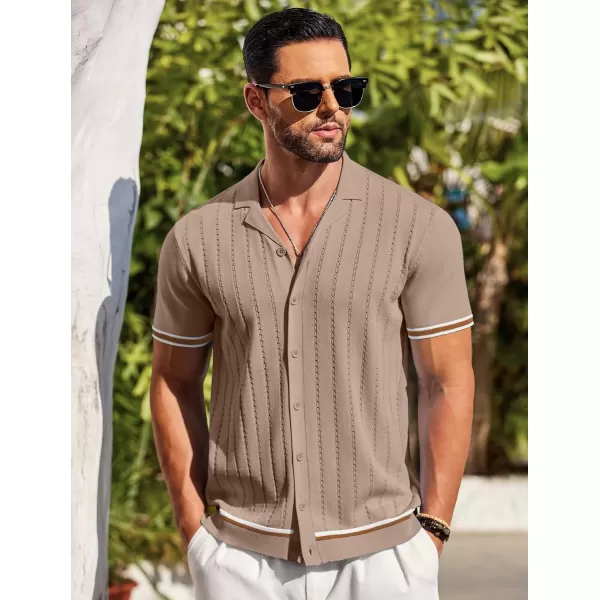 COOFANDY Men's Short Sleeve Knit Shirt Casual Button Down Shirt Vintage Striped Knitted Golf Beach Tops