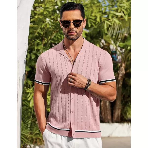 COOFANDY Men's Short Sleeve Knit Shirt Casual Button Down Shirt Vintage Striped Knitted Golf Beach Tops
