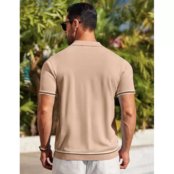 COOFANDY Men's Short Sleeve Knit Shirt Casual Button Down Shirt Vintage Striped Knitted Golf Beach Tops