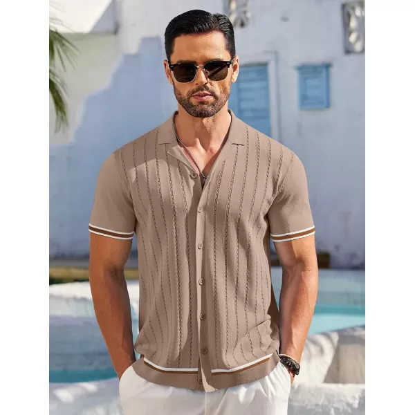 COOFANDY Men's Short Sleeve Knit Shirt Casual Button Down Shirt Vintage Striped Knitted Golf Beach Tops