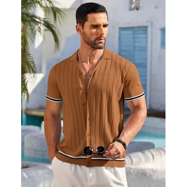 COOFANDY Men's Short Sleeve Knit Shirt Casual Button Down Shirt Vintage Striped Knitted Golf Beach Tops