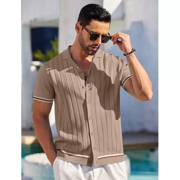 COOFANDY Men's Short Sleeve Knit Shirt Casual Button Down Shirt Vintage Striped Knitted Golf Beach Tops