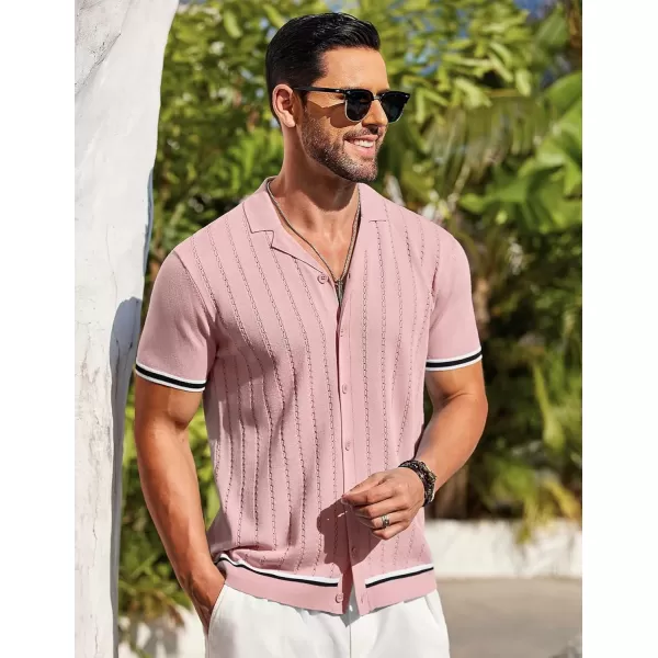 COOFANDY Men's Short Sleeve Knit Shirt Casual Button Down Shirt Vintage Striped Knitted Golf Beach Tops