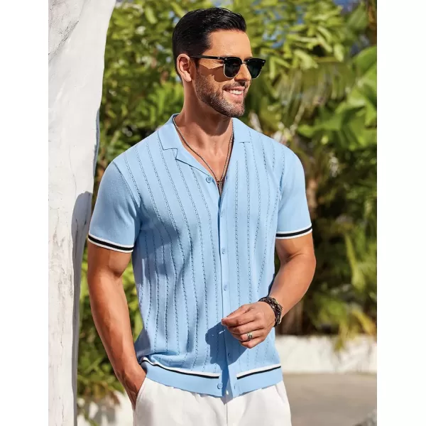 COOFANDY Men's Short Sleeve Knit Shirt Casual Button Down Shirt Vintage Striped Knitted Golf Beach Tops