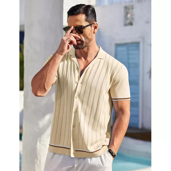 COOFANDY Men's Short Sleeve Knit Shirt Casual Button Down Shirt Vintage Striped Knitted Golf Beach Tops
