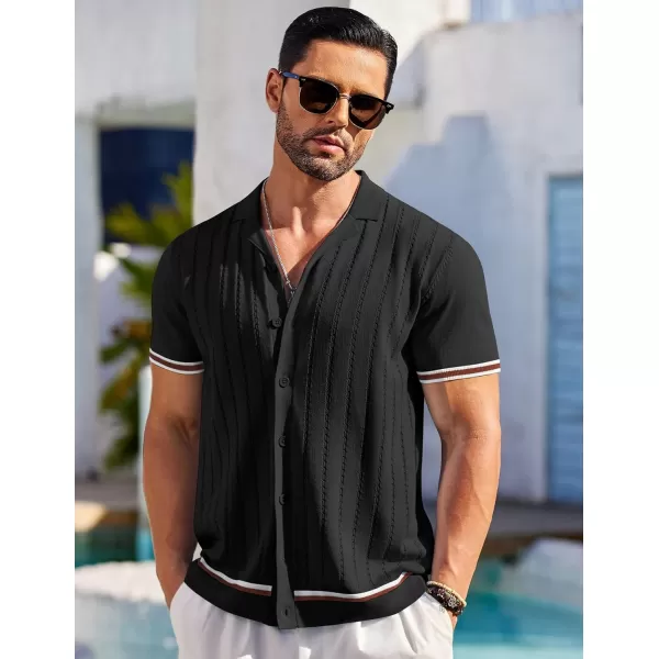 COOFANDY Men's Short Sleeve Knit Shirt Casual Button Down Shirt Vintage Striped Knitted Golf Beach Tops
