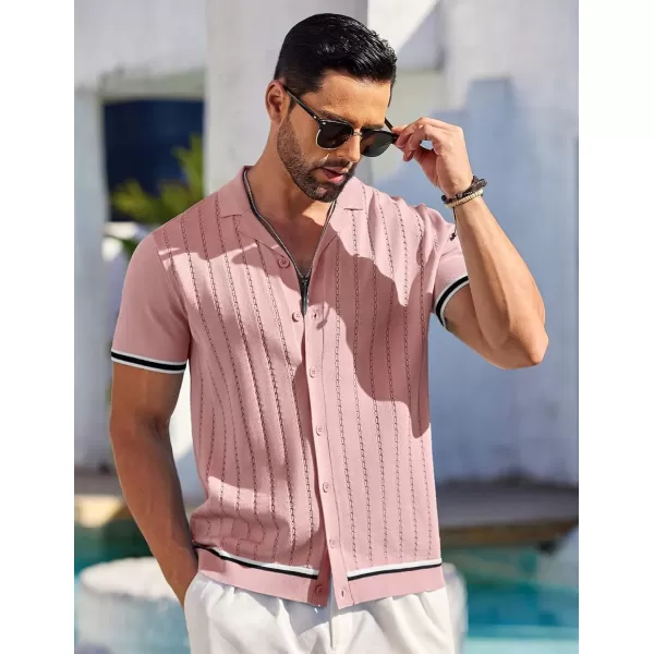 COOFANDY Men's Short Sleeve Knit Shirt Casual Button Down Shirt Vintage Striped Knitted Golf Beach Tops