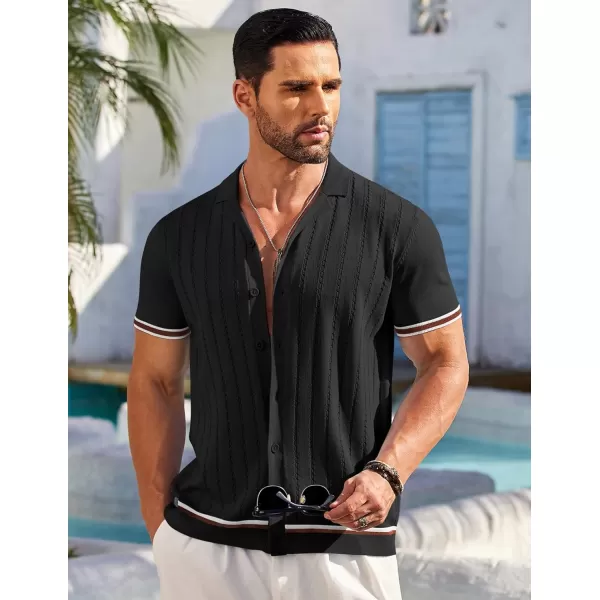 COOFANDY Men's Short Sleeve Knit Shirt Casual Button Down Shirt Vintage Striped Knitted Golf Beach Tops