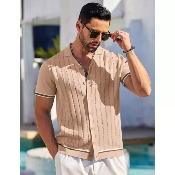 COOFANDY Men's Short Sleeve Knit Shirt Casual Button Down Shirt Vintage Striped Knitted Golf Beach Tops