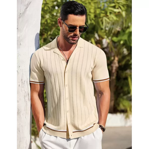 COOFANDY Men's Short Sleeve Knit Shirt Casual Button Down Shirt Vintage Striped Knitted Golf Beach Tops
