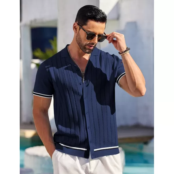 COOFANDY Men's Short Sleeve Knit Shirt Casual Button Down Shirt Vintage Striped Knitted Golf Beach Tops