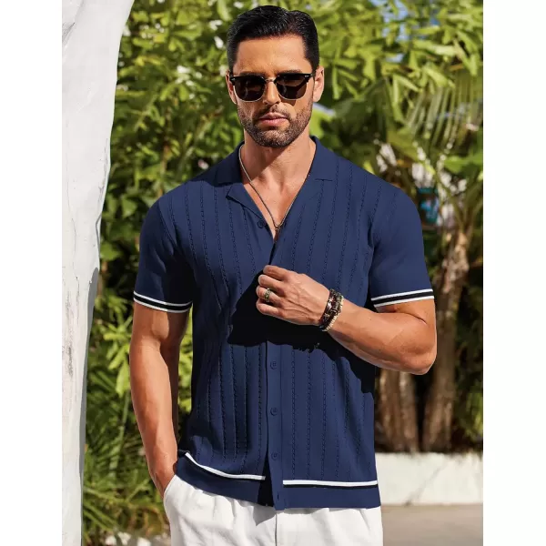 COOFANDY Men's Short Sleeve Knit Shirt Casual Button Down Shirt Vintage Striped Knitted Golf Beach Tops