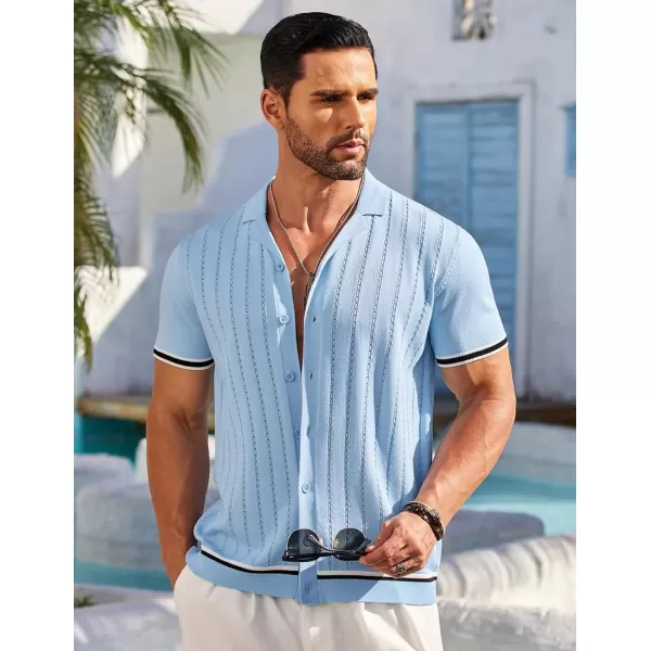 COOFANDY Men's Short Sleeve Knit Shirt Casual Button Down Shirt Vintage Striped Knitted Golf Beach Tops