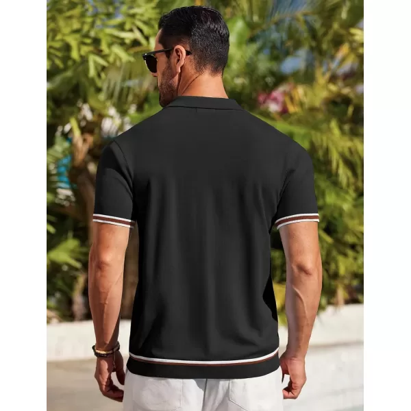 COOFANDY Men's Short Sleeve Knit Shirt Casual Button Down Shirt Vintage Striped Knitted Golf Beach Tops