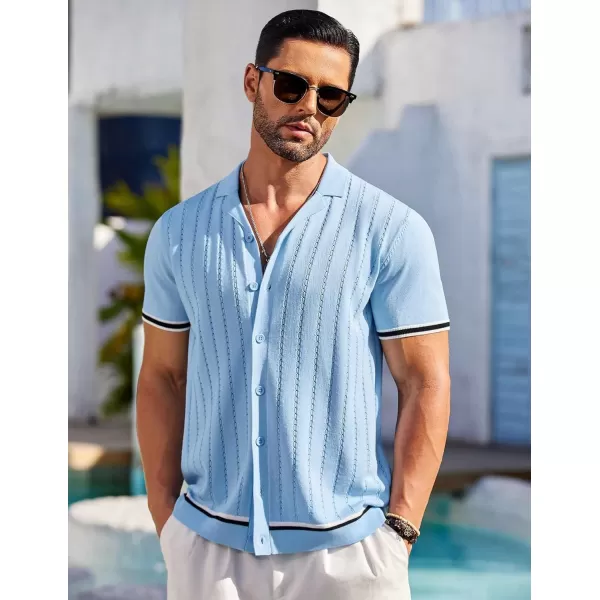 COOFANDY Men's Short Sleeve Knit Shirt Casual Button Down Shirt Vintage Striped Knitted Golf Beach Tops