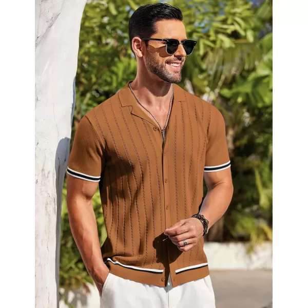 COOFANDY Men's Short Sleeve Knit Shirt Casual Button Down Shirt Vintage Striped Knitted Golf Beach Tops