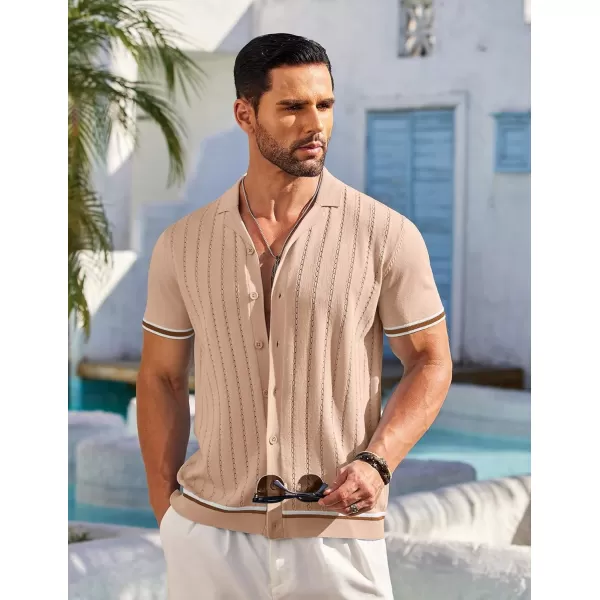 COOFANDY Men's Short Sleeve Knit Shirt Casual Button Down Shirt Vintage Striped Knitted Golf Beach Tops
