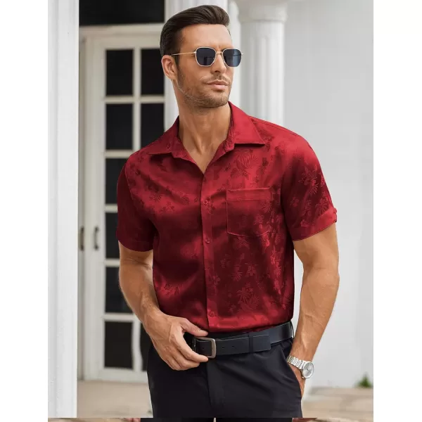 COOFANDY Men's Summer Shirts Short Sleeve Silk Satin Jacquard Shirts Casual Button Down Beach Shirt