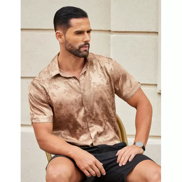 COOFANDY Men's Summer Shirts Short Sleeve Silk Satin Jacquard Shirts Casual Button Down Beach Shirt