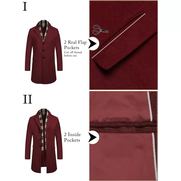 COOFANDY Men's Wool Blend Coat with Detachable Plaid Scarfs Notched Collar Single Breasted Pea Coat Trench Overcoat