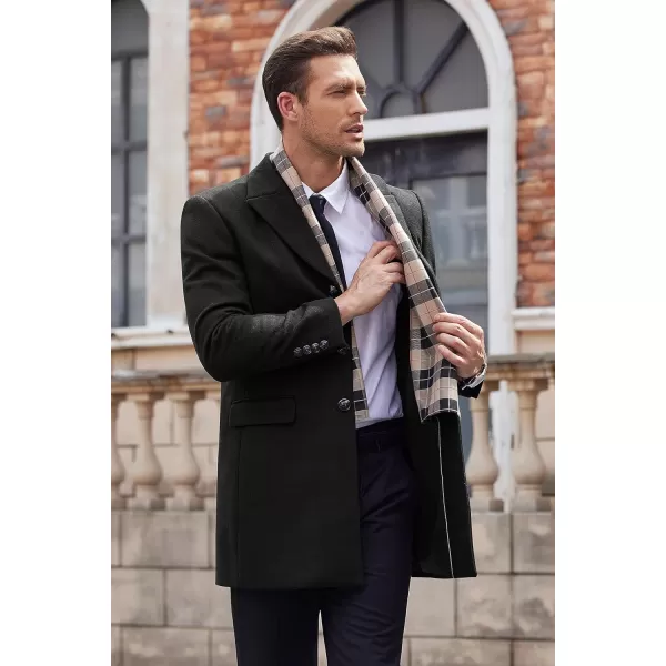 COOFANDY Men's Wool Blend Coat with Detachable Plaid Scarfs Notched Collar Single Breasted Pea Coat Trench Overcoat