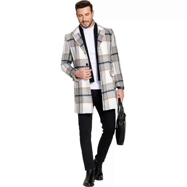 COOFANDY Men's Wool Blend Coat with Detachable Plaid Scarfs Notched Collar Single Breasted Pea Coat Trench Overcoat