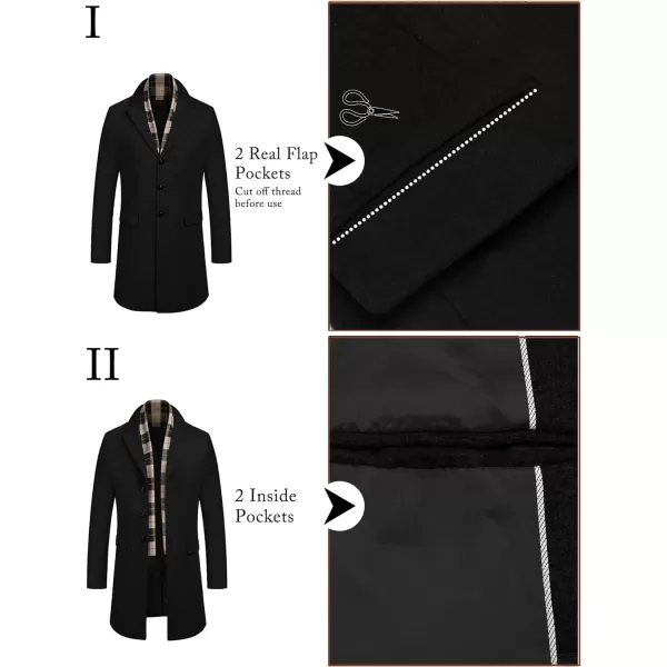 COOFANDY Men's Wool Blend Coat with Detachable Plaid Scarfs Notched Collar Single Breasted Pea Coat Trench Overcoat