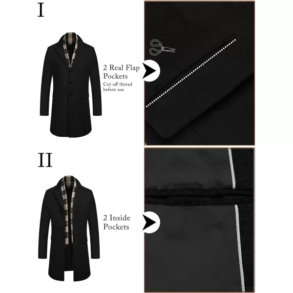 COOFANDY Men's Wool Blend Coat with Detachable Plaid Scarfs Notched Collar Single Breasted Pea Coat Trench Overcoat