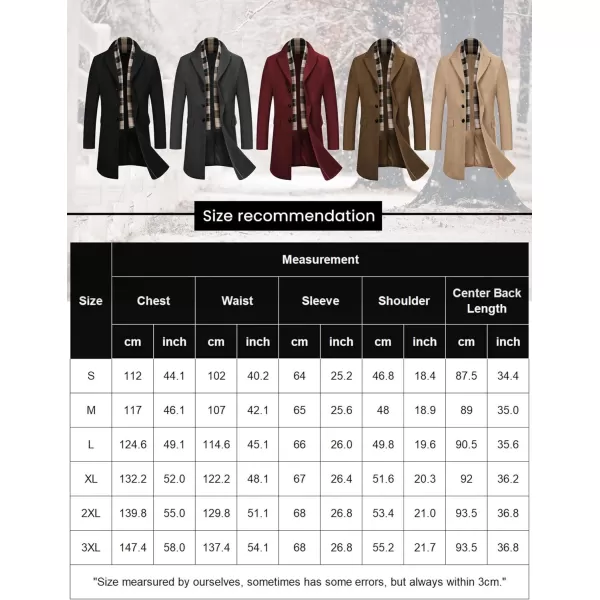 COOFANDY Men's Wool Blend Coat with Detachable Plaid Scarfs Notched Collar Single Breasted Pea Coat Trench Overcoat