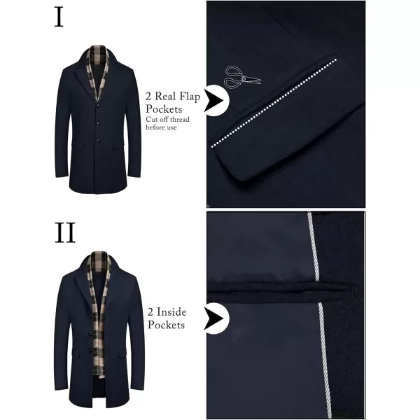 COOFANDY Men's Wool Blend Coat with Detachable Plaid Scarfs Notched Collar Single Breasted Pea Coat Trench Overcoat